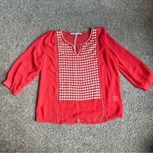 Collective Concepts Sheer Coral Blouse White Embroidered Polka Dots, Size Large